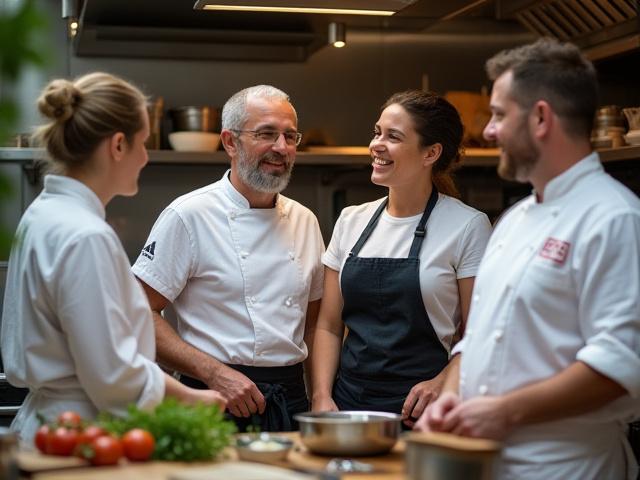 Gourmet Geyser's founding team smiling in a professional kitchen, showcasing passion and expertise.