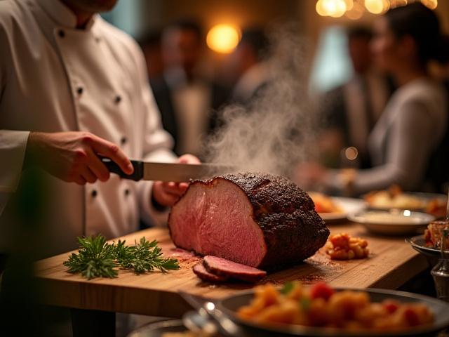 Chef carving roasted meat at a live buffet station