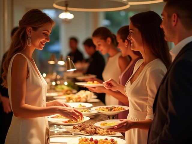 Guests enjoying a lively buffet station