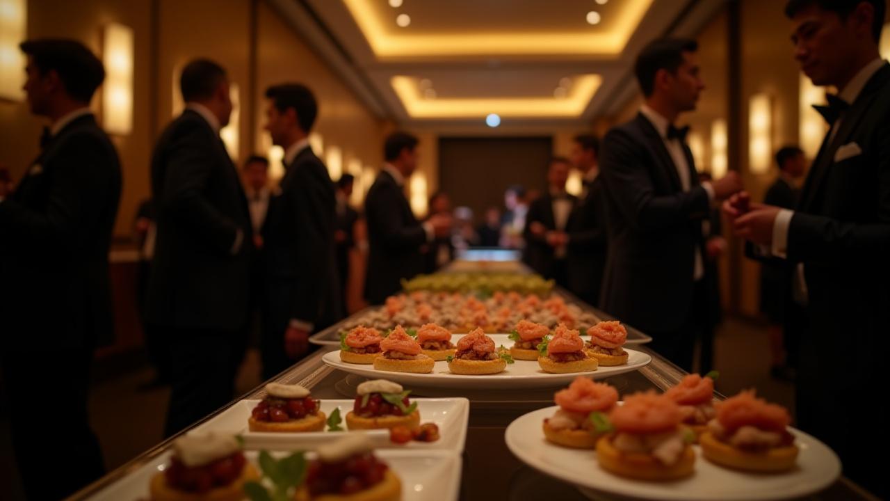 Professionally catered corporate event with attendees networking over elegant food displays