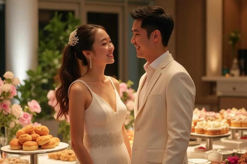Joyful Chinese-French wedding couple admiring their elegant fusion banquet spread