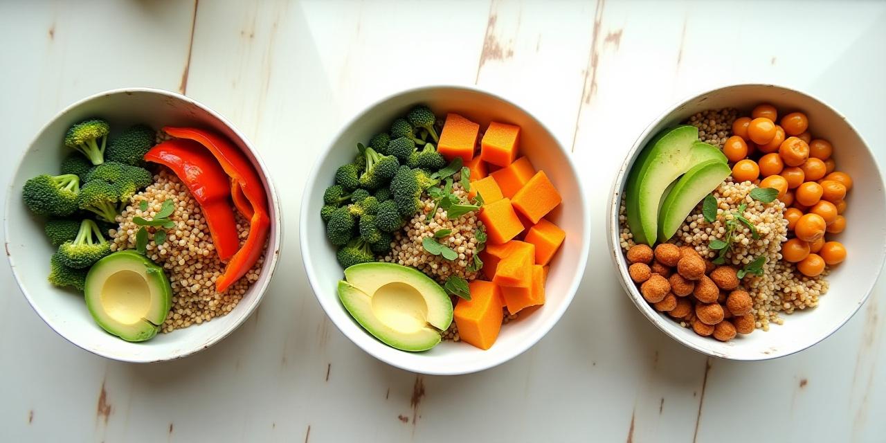 Collection of colourful nourish bowls with quinoa, roasted vegetables, avocado, and protein