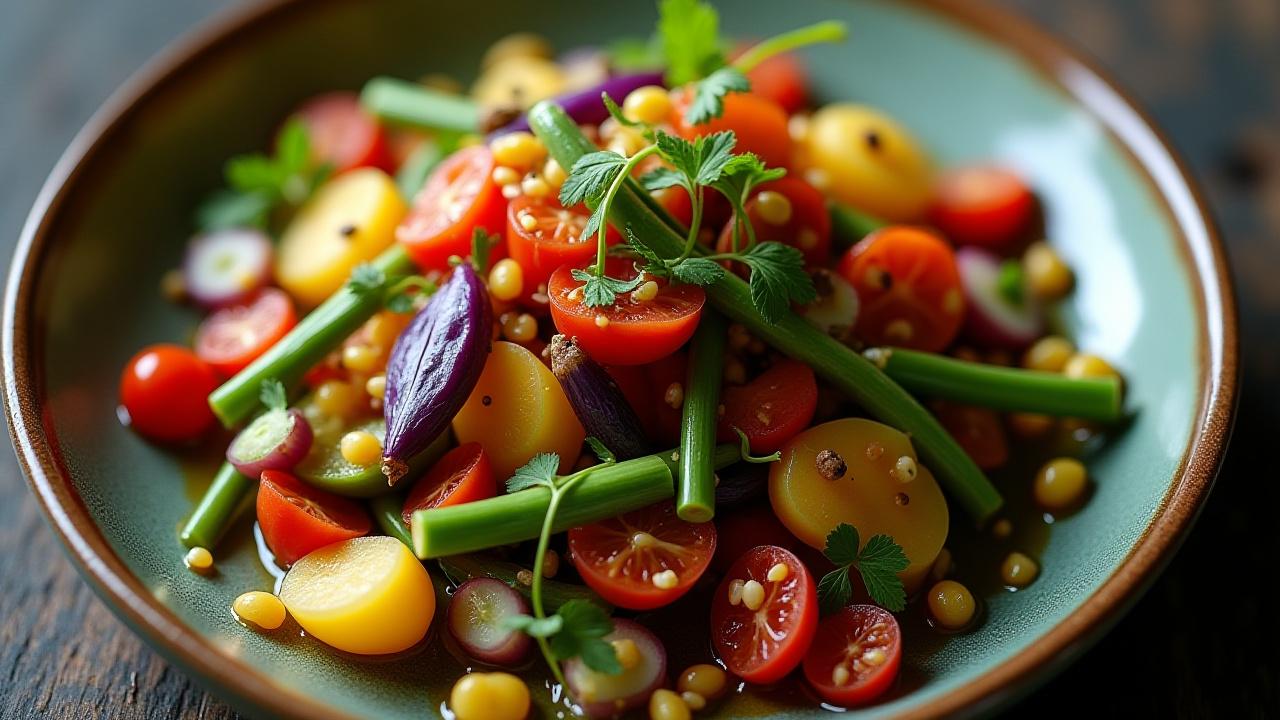 Vibrant, artfully arranged plant-based dish with fresh vegetables and herbs