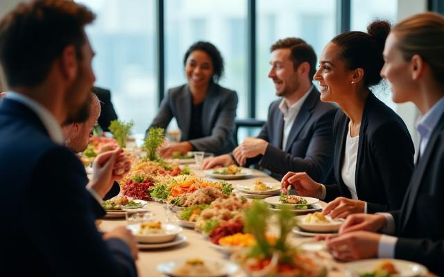 Diverse group of professionals enjoying a healthy, catered lunch in a modern and bright office space