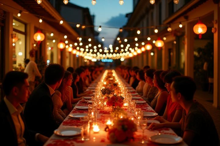 Guests enjoying an elegant outdoor wedding reception banquet