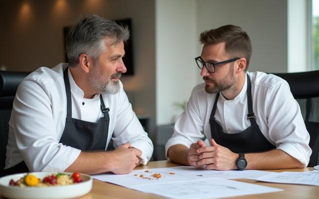 Chef collaborating with client over menu designs