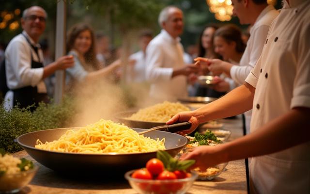 Chef preparing pasta at an interactive themed food station