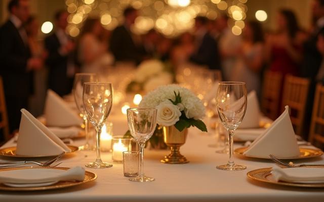 Beautifully decorated wedding banquet hall with elegant table settings