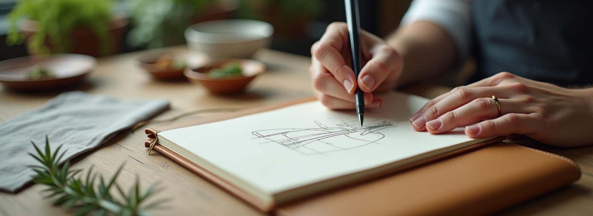 Close-up of a chef's hands sketching dish ideas in a notebook, surrounded by fresh ingredients and mood board elements