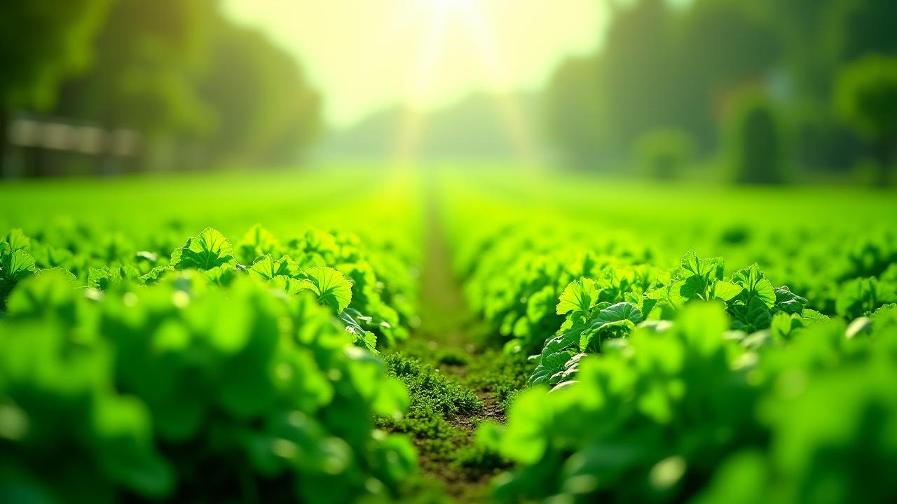 Lush, verdant organic farm with clearly growing vegetables, sunlight