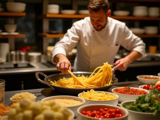 Chef tossing fresh pasta with vibrant sauces at a live Italian pasta bar