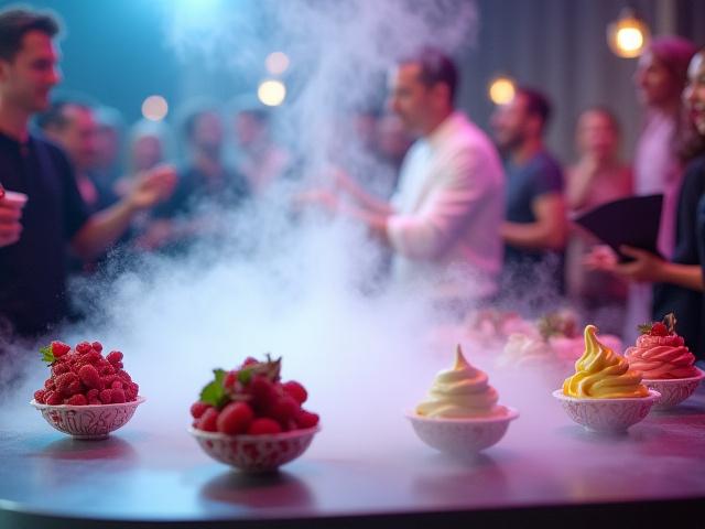 Excited guests watching a chef create nitrogen ice cream at a dessert lab