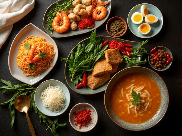 Stylish hawker-style Singapore Laksa Bar with colourful ingredients