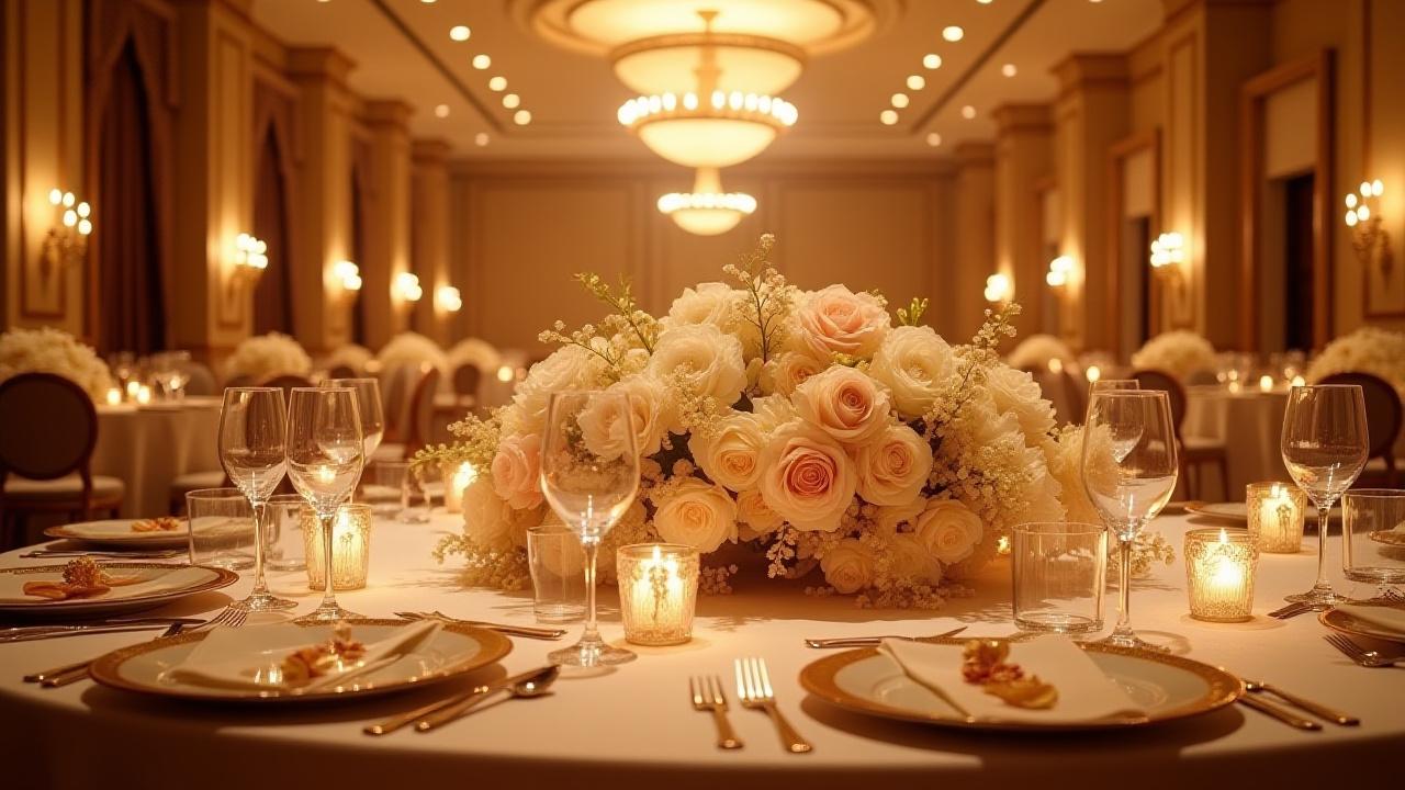 Luxury wedding reception in a grand ballroom with guests