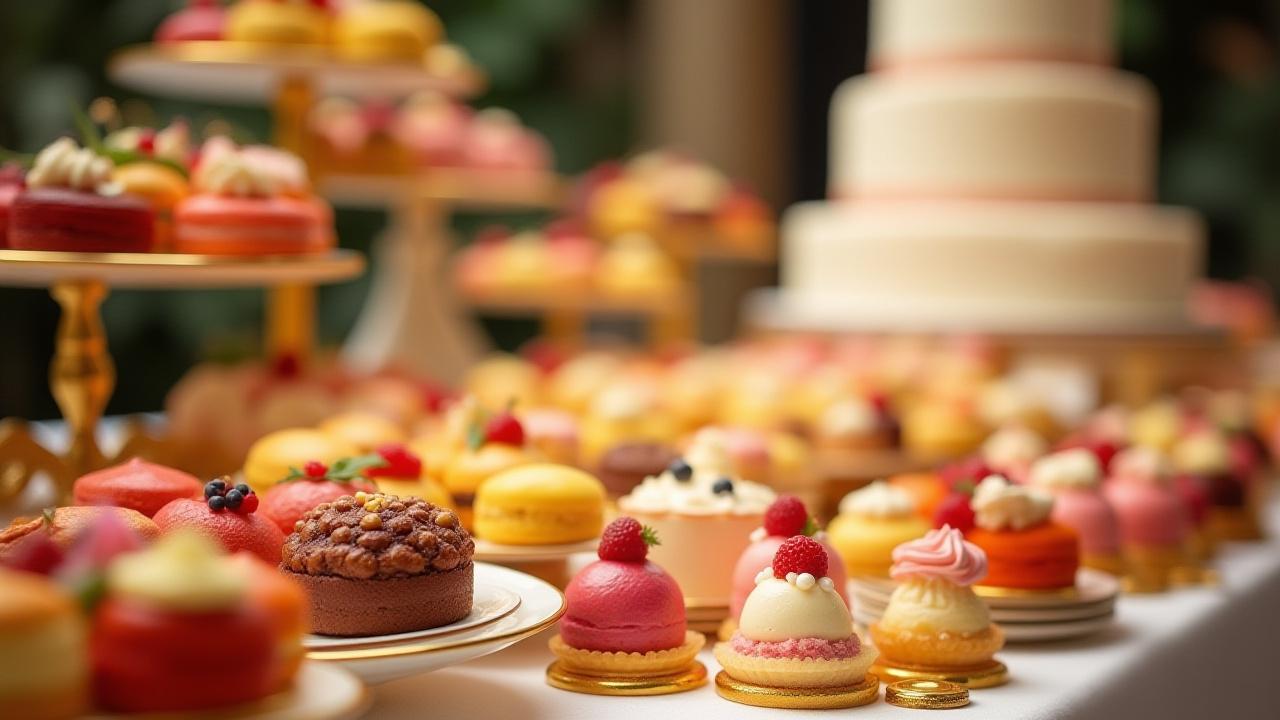 Exquisite dessert bar with an array of cakes and pastries at a wedding