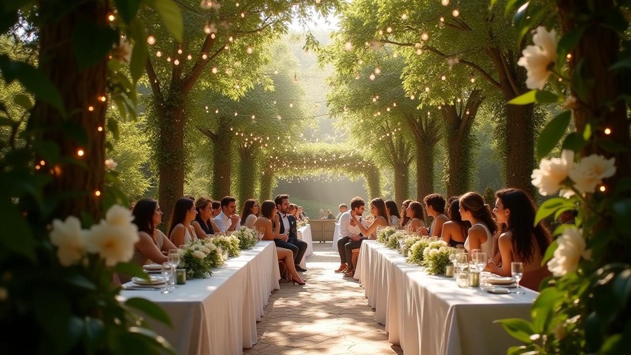 Outdoor garden wedding ceremony with beautifully set tables