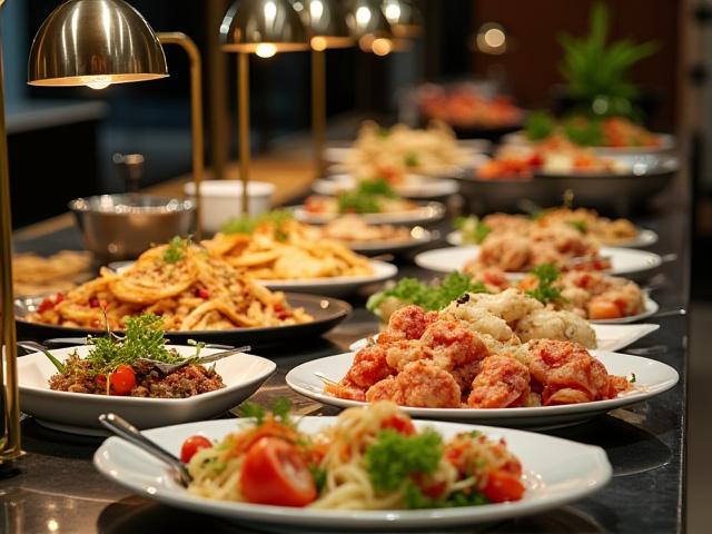 Upscale modern buffet spread with various international and local dishes